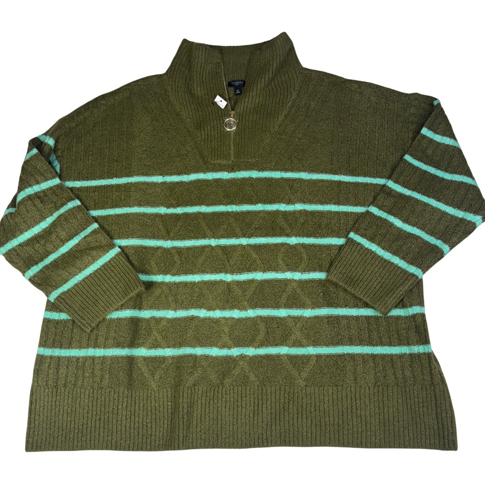 New Talbots Olive Green Mint Stripe Cable Knit Quarter Zip Pullover Sweater‎ 2X - Picture 2 of 11